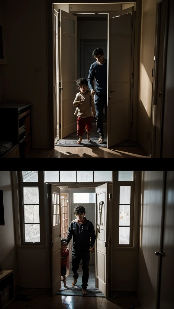 Refuge at Home The image shows the  finally arriving home, breathing heavily as he frantically locks the door. Parents rush to comfort the , expressing concern as they try to calm their fear. The camera pans away, showing the house now lit up from the inside, contrasting with the darkness outside.