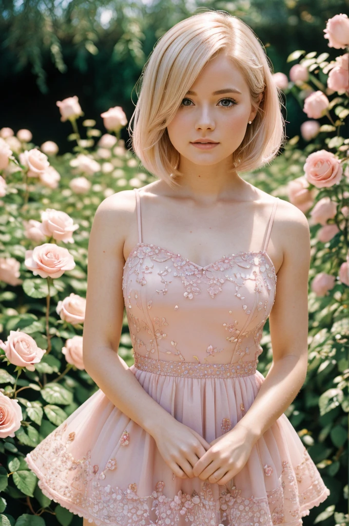 8 kilos, Raw image, Fujifilm, Stereotypical image of a beautiful young woman like Avril in a garden of light pink roses (Highly detailed skin: 1.2) Petal break style short hair, Blonde hair with colored highlights, She wears a dress, Film granulation, 35 mm, Cute Style