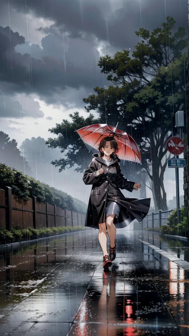 A realistic illustration of a woman hurrying home in the middle of a typhoon. The scene shows the woman wearing a raincoat and holding an umbrella, struggling against strong winds and heavy rain. The background includes stormy skies, swaying trees, and waterlogged streets, capturing the intensity of the typhoon.