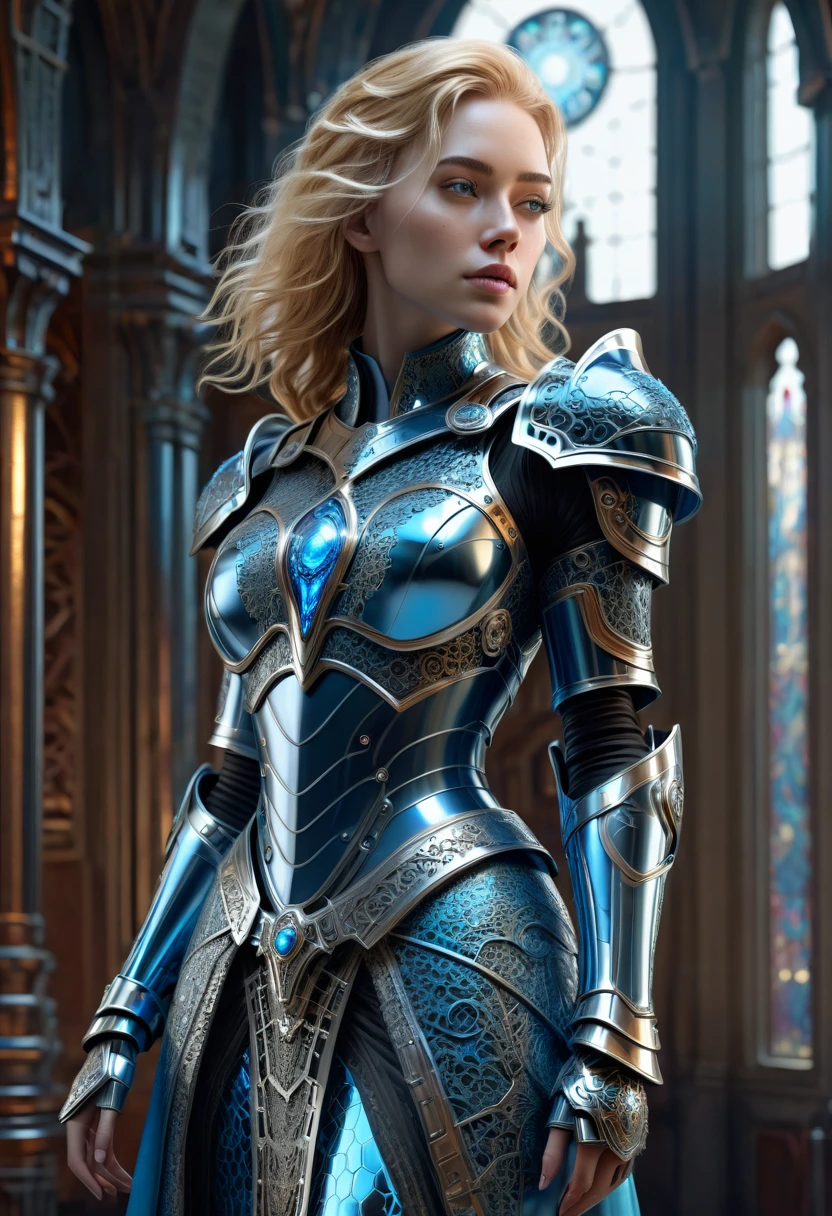 A blonde-haired sorceress cyborg féminine, of techno-royal lineage with ideal female proportions, +hyperrealistic 3d render +artistic framing photography + viewed from the side + over the shoulder look +she is elegant, condescending + she is wearing a babyblue waxed vinyl empire-waist cut elegant dress armor with lace dentelle accents and see-through areas +intricate metallic scifi chromed armor + sophisticated brutalist throneroom decor in the background with crisp religious stainedglass