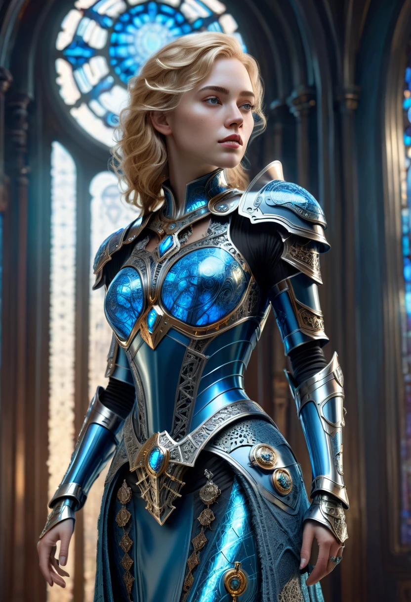 A blonde-haired sorceress cyborg féminine, of techno-royal lineage with ideal female proportions, +hyperrealistic 3d render +artistic framing photography + viewed from the side + over the shoulder look +she is elegant, condescending + she is wearing a babyblue waxed vinyl empire-waist cut elegant dress armor with lace dentelle accents and see-through areas +intricate metallic scifi chromed armor + sophisticated brutalist throneroom decor in the background with crisp religious stainedglass