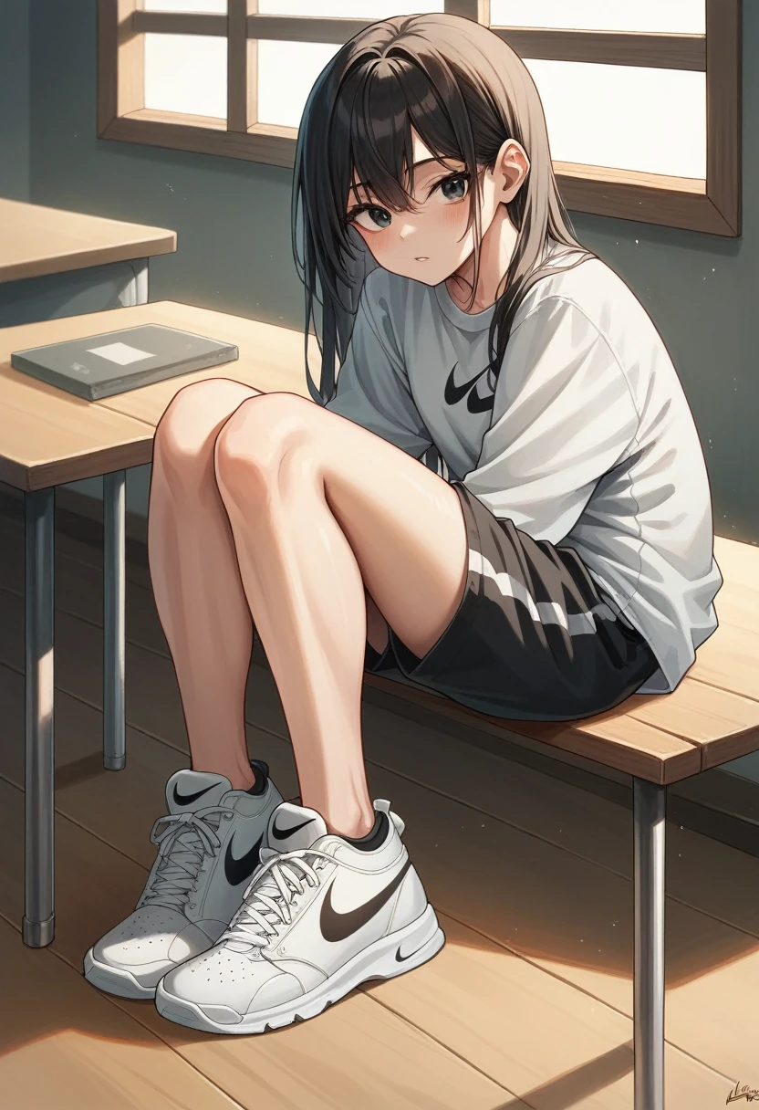 "A super realistic Full HD image showing a pair of Nike sneakers on a rustic wooden table. The sneakers are white with black details and the Nike logo visible on the side.. The scene is illuminated by natural light that enters through the window in the background., creating soft shadows and highlighting the sneakers' textural details. No fundo, there is an exposed brick wall and a green plant in a pot, adding a touch of color and nature to the environment. The image conveys a feeling of quality and modern style."