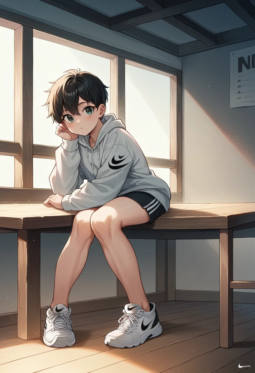 "A super realistic Full HD image showing a pair of Nike sneakers on a rustic wooden table. The sneakers are white with black details and the Nike logo visible on the side.. The scene is illuminated by natural light that enters through the window in the background., creating soft shadows and highlighting the sneakers' textural details. No fundo, there is an exposed brick wall and a green plant in a pot, adding a touch of color and nature to the environment. The image conveys a feeling of quality and modern style."