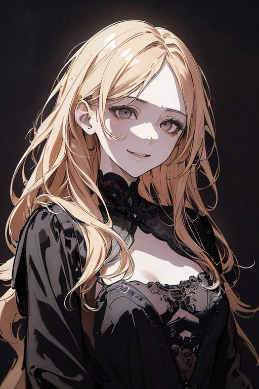 Highest quality, (Background details), High Contrast, Very beautiful  , Detailed original illustrations,very small stature、Baby Face、Villain、gnome,Villain、 Wavy platinum blonde hair、 Delicate face,  Spoiled brat、White sundress、Real breasts, Flat Chest、Crazy Smile, Crazy Eyes, Black background, (Black background: 1. 5), Beautiful line art, Monochrome