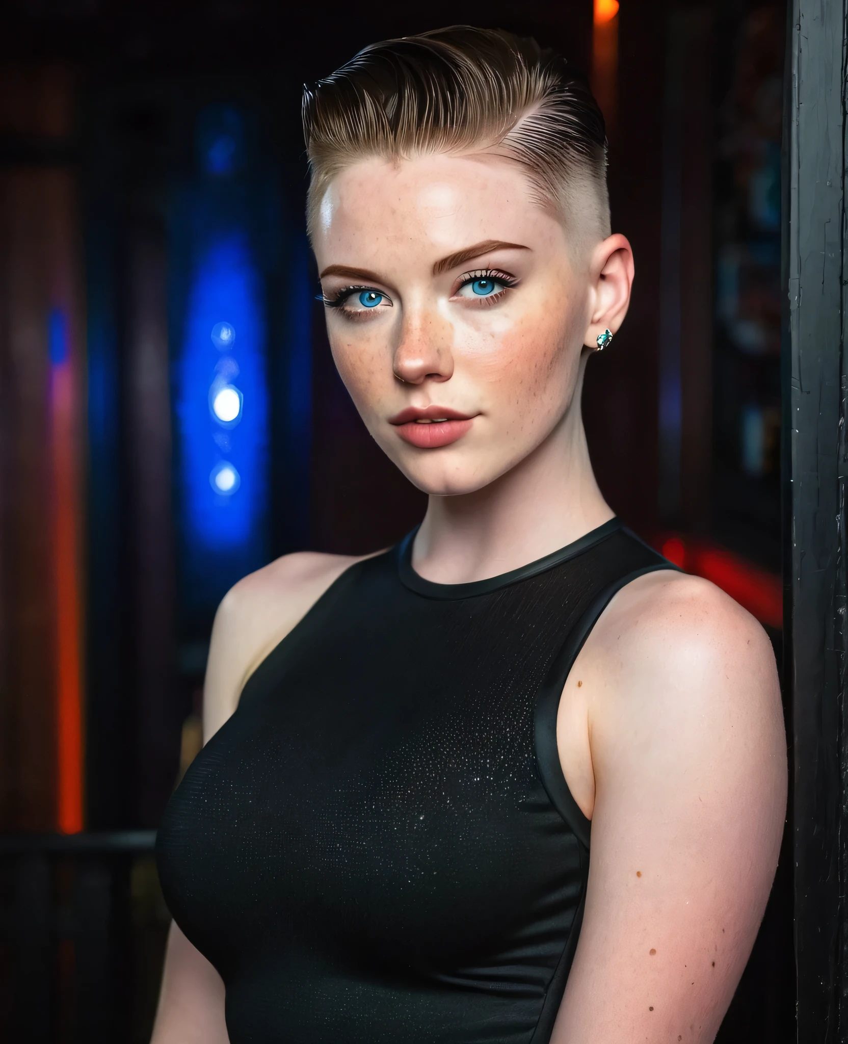 Muscular college girl with large breast and a large butt, blue eyes, pale skin, freckles and a nose piercing with a short slicked back men’s haircut with both sides of her head shaved wearing a tight black dress in a night club 