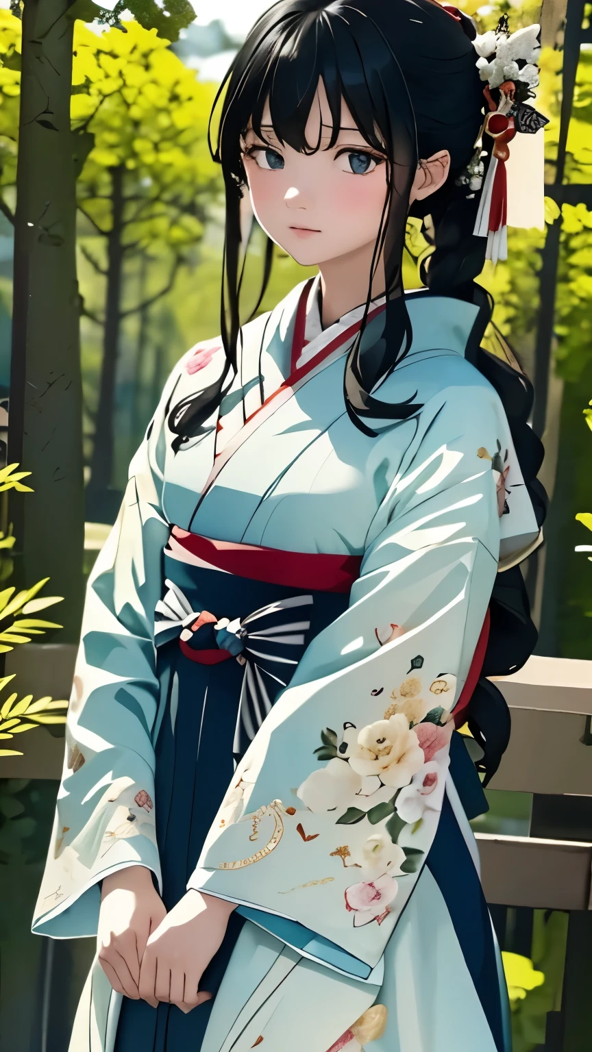 (Surreal), (8K), (Very detailed), (Best illustrations), (Beautiful attention to detail), (Highest quality), (Very detailedな), (masterpiece), (wallpaper), (Detailed face),woman , Haori, Samurai costume, Forest Background, Black Hair、Long Shot、Full body angle、