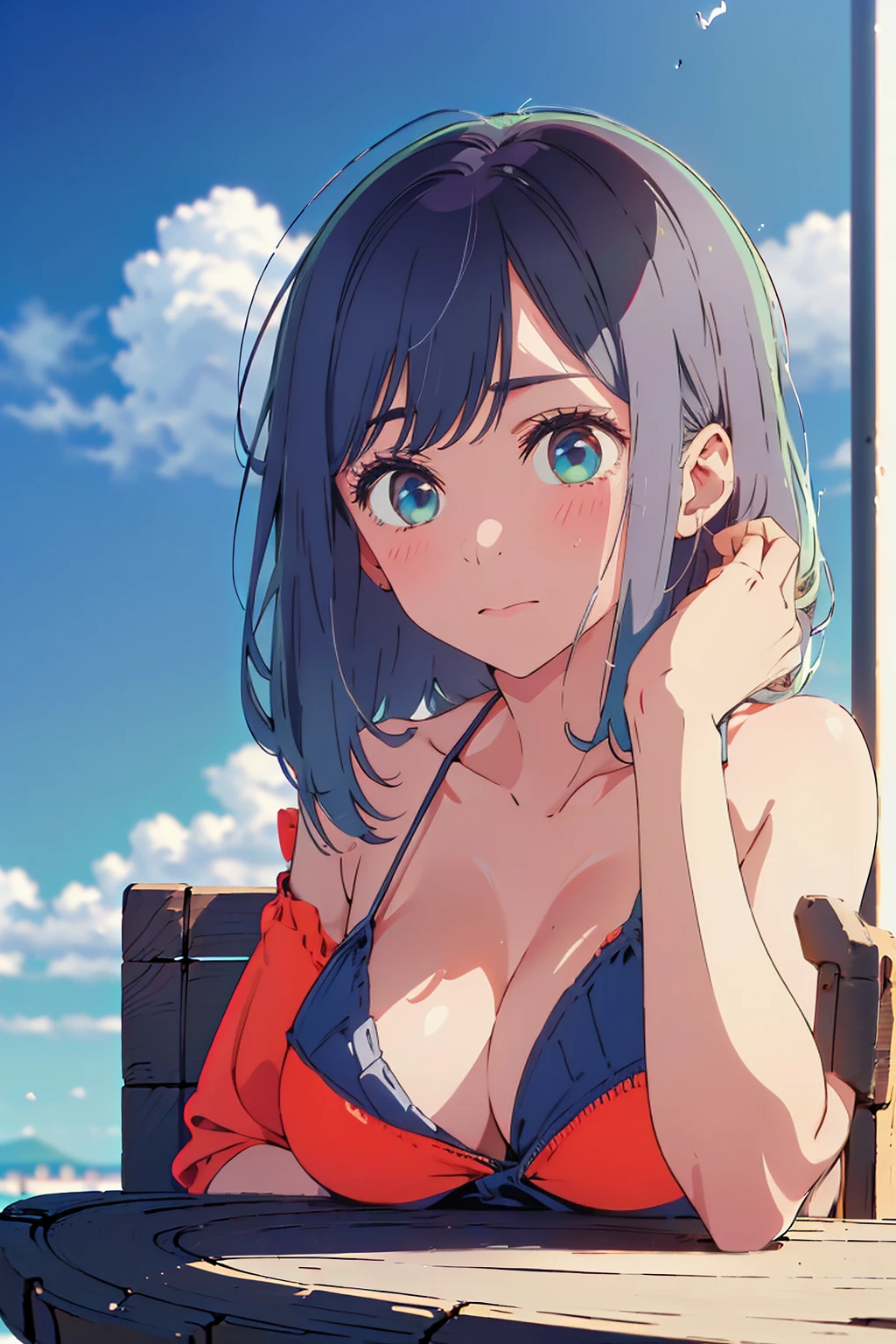 (Highest quality:1.4、masterpiece:1.4、Super detailed:1.4、8K:1.4)、F cup bust、Big Breasts、Slim body、((((1 person、Surprised expression、sit、Chair、In the background are the urban buildings of Tokyo、looking at the camera、Outdoor café terrace、coastal、Navy hair color、juice、Shooting up close、table、Very cute face))))、(Pose of putting hair behind ears with hands:1.4、Cheek resting on hand:1.4)、((nude、Areola、bikini))、Very blue sky、A completely cloudless sky、Big eyes、(((((Shallow depth of field)))))