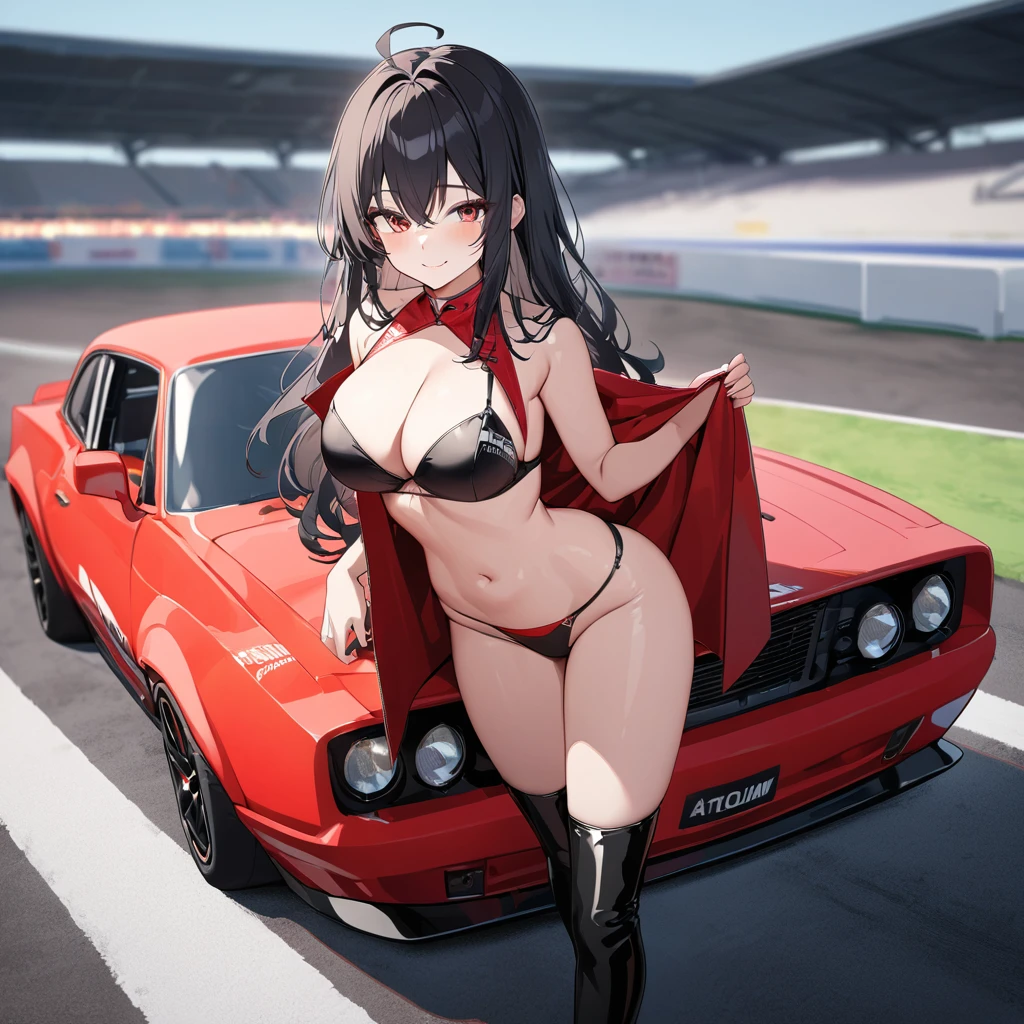 A woman wearing a long red leather coat, open coat, wearing a black bikini, eye red, black leather boots, race queen, sunglasses, black hair, long hair, ahoge, smiling, big breasts, standing on a running track, wide view of a lawn, concrete track, a black racing car in the background, red car, perfectly, smiling car, night place with lighting, UHD , prime work , accurate , anatomically correct , textured skin , super details , high quality , best quality, 8k, high resolution, bokeh effect. (woman alone), close view.
