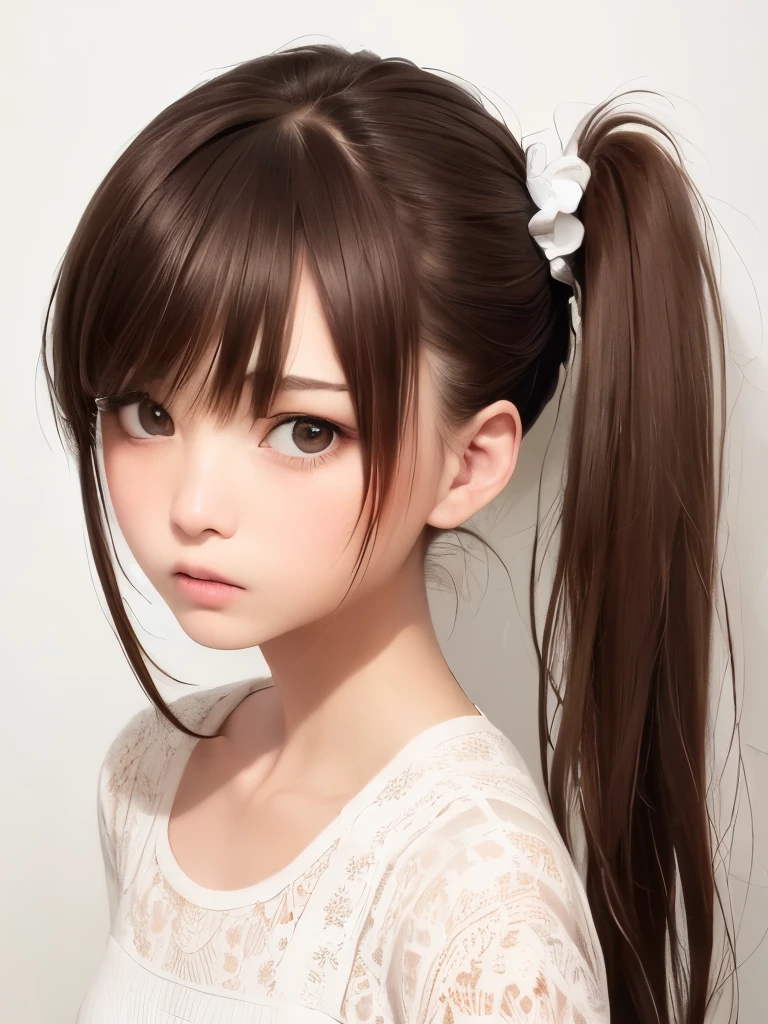 (Highest quality、8K、32k、masterpiece)、(Realistic)、(Realistic:1.2)、(High resolution)、Very detailed、Very beautiful face and eyes、1 Girl、Round and small face、Tight waist、Delicate body、(Highest quality、Attention to detail、Rich skin detail)、(Realistic、Realistic:1.37)、Bright colors、(((Brown Hair)))、(((Upper Body Shot)))、(((Long Hair)))、(((Side Ponytail)))、(((White wall background)))、(((White wall background)))、(((He has a shocked look on his face.)))、(((Wear a dress)))、(((I&#39;m at a loss.)))、(((Pink floral dress)))、A look of relief、Eyes closed