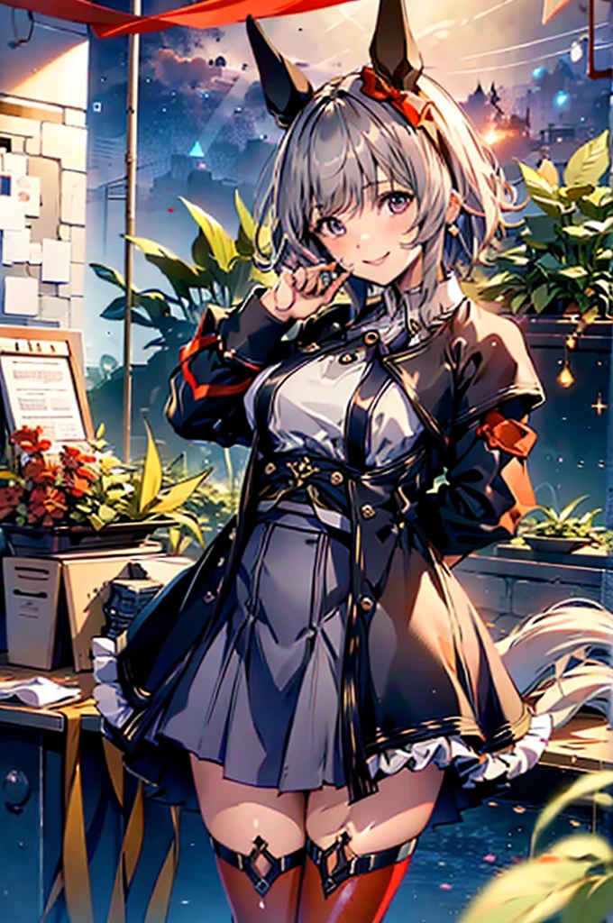 Browsing Caution,Showing nipples,Bare Chest,Uma Musume,,upon,Curvaceous,Karen Chan,Pull up your skirt,Lift up your skirt yourself,floating,Red ribbon on left ear,short hair of cream color,Plump thighs,Wicked Smile,Red tights,Beautiful night view,Best image quality,Tabletop,Highest quality
