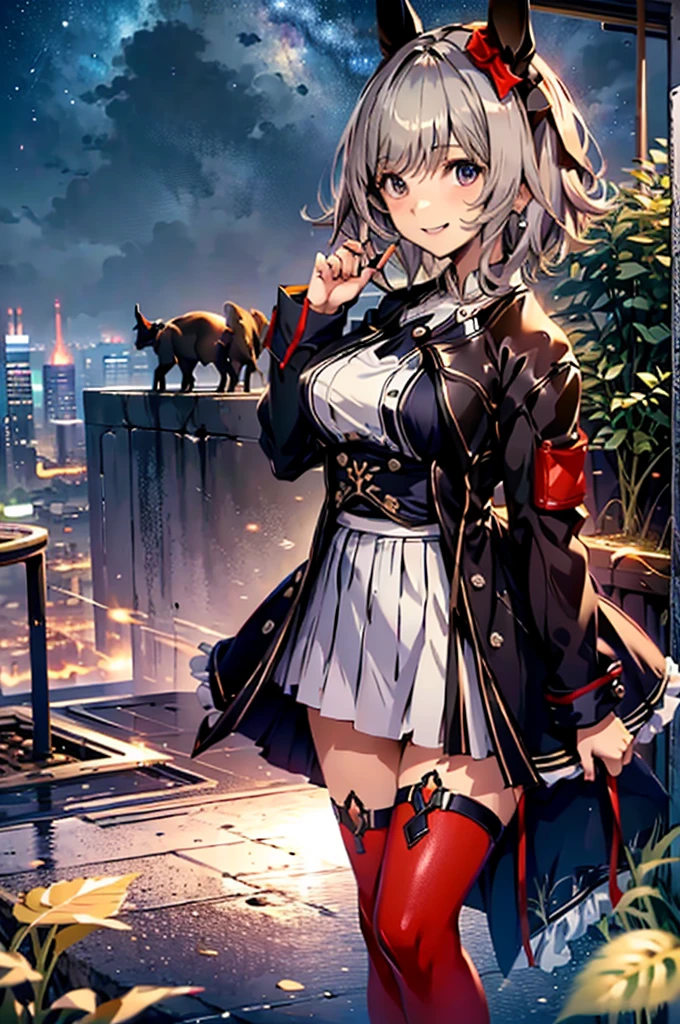 Browsing Caution,Showing nipples,Bare Chest,Uma Musume,,upon,Curvaceous,Karen Chan,Pull up your skirt,Lift up your skirt yourself,floating,Red ribbon on left ear,short hair of cream color,Plump thighs,Wicked Smile,Red tights,Beautiful night view,Best image quality,Tabletop,Highest quality