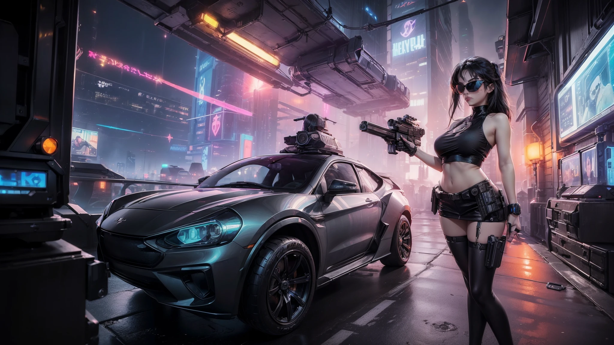 (((aerial view))) of futuristic city, hologram neon buildings, (((futuristic flying cars))) and futuristic cars, Surreal cyberpunk city, in a Future cyberpunk city, 3d rendering Beeple, at night. large-breast photorealistic sexy woman, breast cleavage, tank top, miniskirt, (((((black sunglasses, pistol shooting pose))))), standing, leaning forward, (((((half-body thigh level medium shot))))).