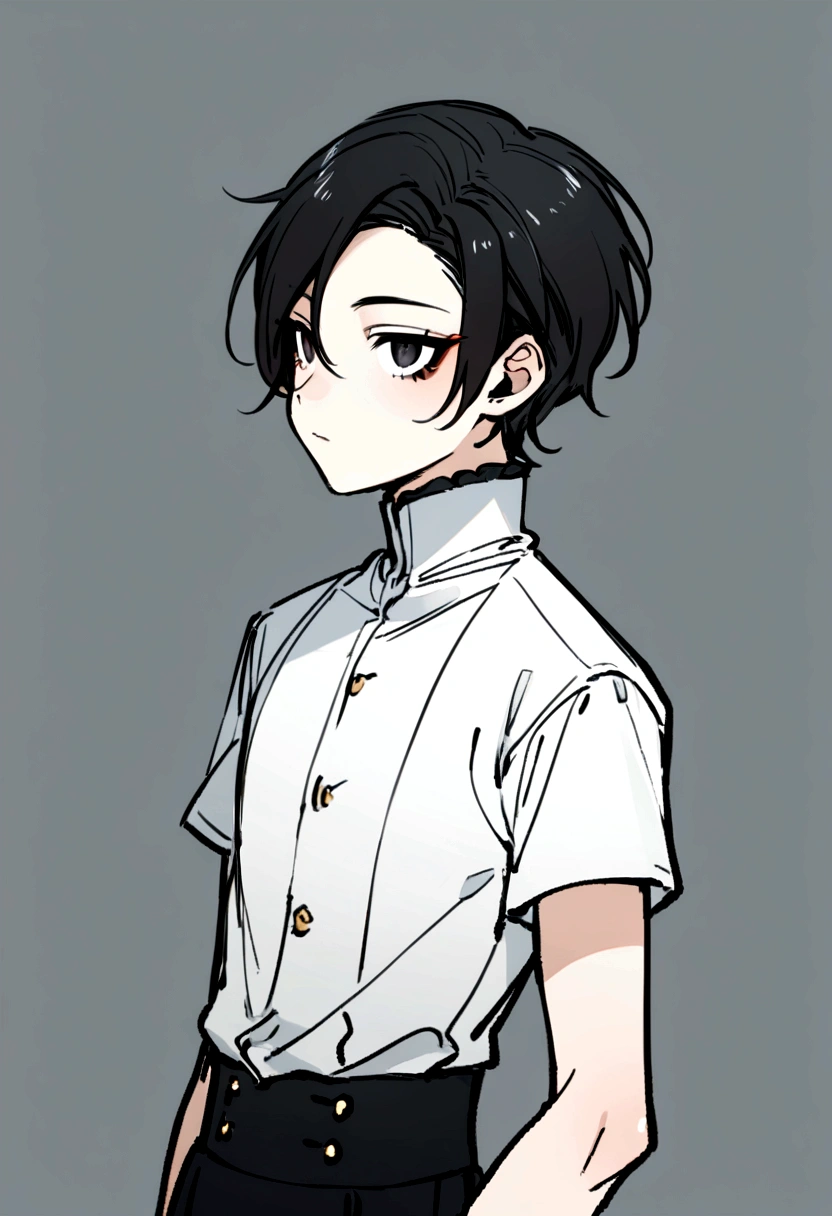 Femboy with slightly long black hair, a white shirt with short sleeves, a short. black eyes and eyeliner. He is a boy with a thin waist and a feminine face.