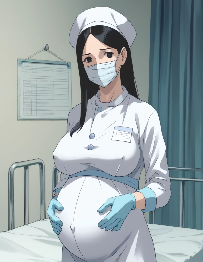score_9, score_8_up, score_7_up, source_anime, kasuganoray, pale skin, shy eyes, long hair, scrubs, surgical mask, surgical cap, Long sleeve maternity gown, seamless, no seams, tight fitting, see nipples,
1girl, pregnant, big breasts, solo, rubber gloves, looking down, furrowed brow, hospital bed, standing