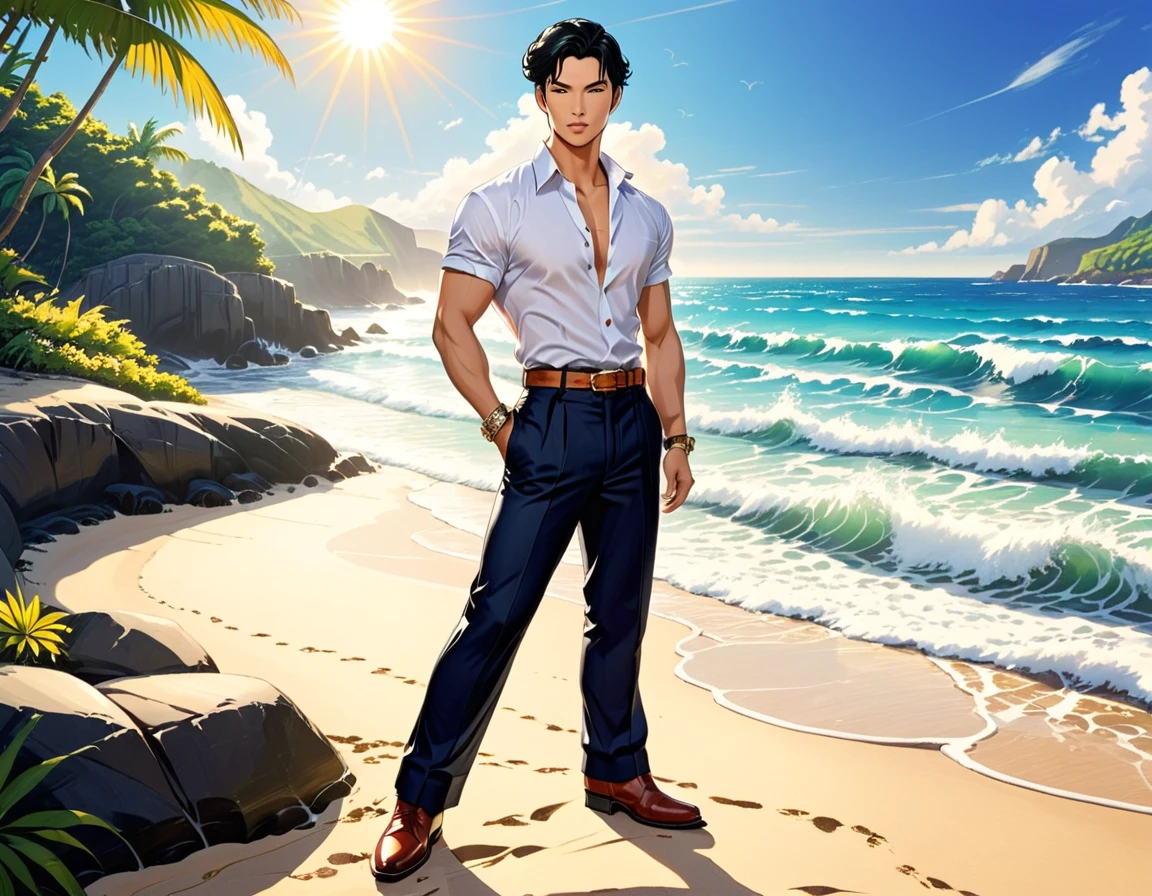 1 Male, Asian, chiseled face, medium straight black hair, Summer, Boots, long pants, beach background, bright sunlight, ocean waves, tropical setting, consistent fashion, aristocratic presence, stylish pose, full-body shot, emphasizing long pants, score_9, score_8_up, score_7_up, score_6_up, score_5_up, score_4_up,