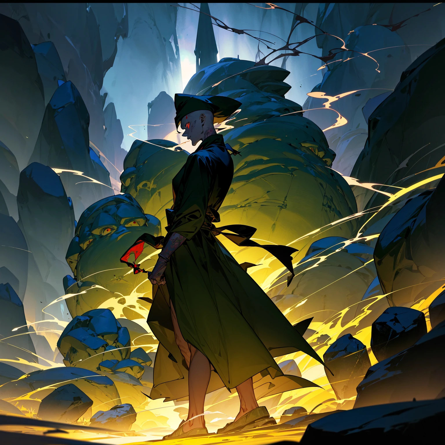 1Goblin mixed with wizard, full body version, Red eyes, green skin, (His hair is bald), wearing a blue hat, black robe, there is a shield behind his back, (in his hand is a beaker glass of smoking chemical concoction), (Grassroots background, Explosions, rock pebbles, silhouette light, afternoon, afternoon silhouette light, Grassroots lighting)