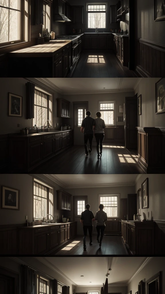 a running home in fear, parents comforting the , interior of house lit, contrasting with dark outside, dramatic lighting, cinematic, realistic, photorealistic, 4k, high quality, masterpiece, detailed facial features, emotional expression, detailed clothing, realistic shadows and lighting, muted color palette, dramatic atmosphere, photo-realistic, ultra-detailed, physically-based rendering