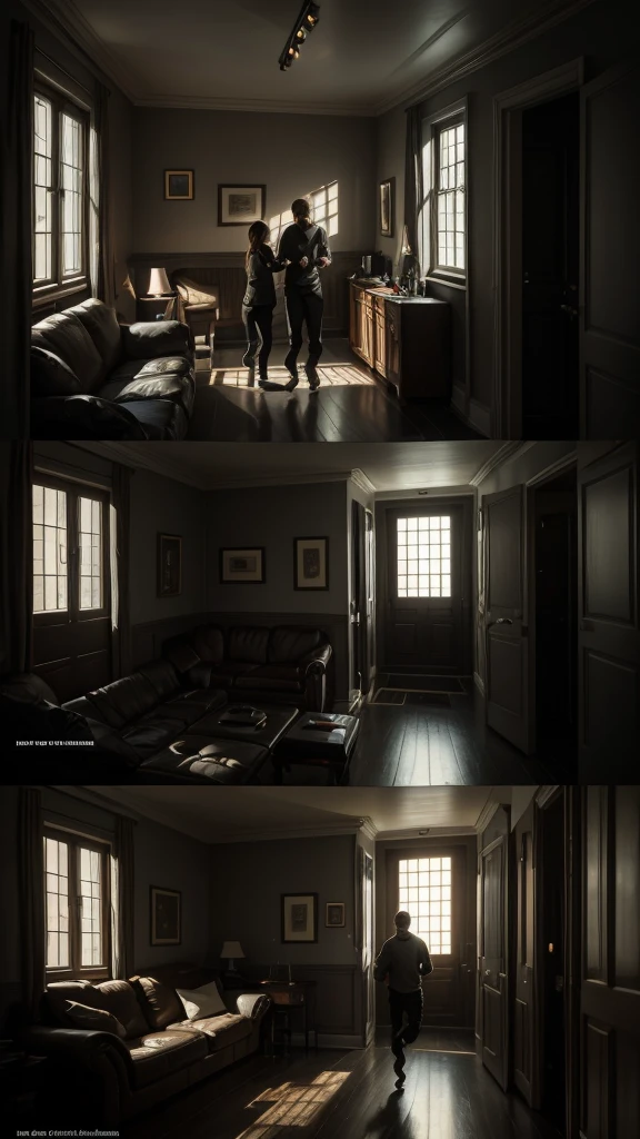 a running home in fear, parents comforting the , interior of house lit, contrasting with dark outside, dramatic lighting, cinematic, realistic, photorealistic, 4k, high quality, masterpiece, detailed facial features, emotional expression, detailed clothing, realistic shadows and lighting, muted color palette, dramatic atmosphere, photo-realistic, ultra-detailed, physically-based rendering