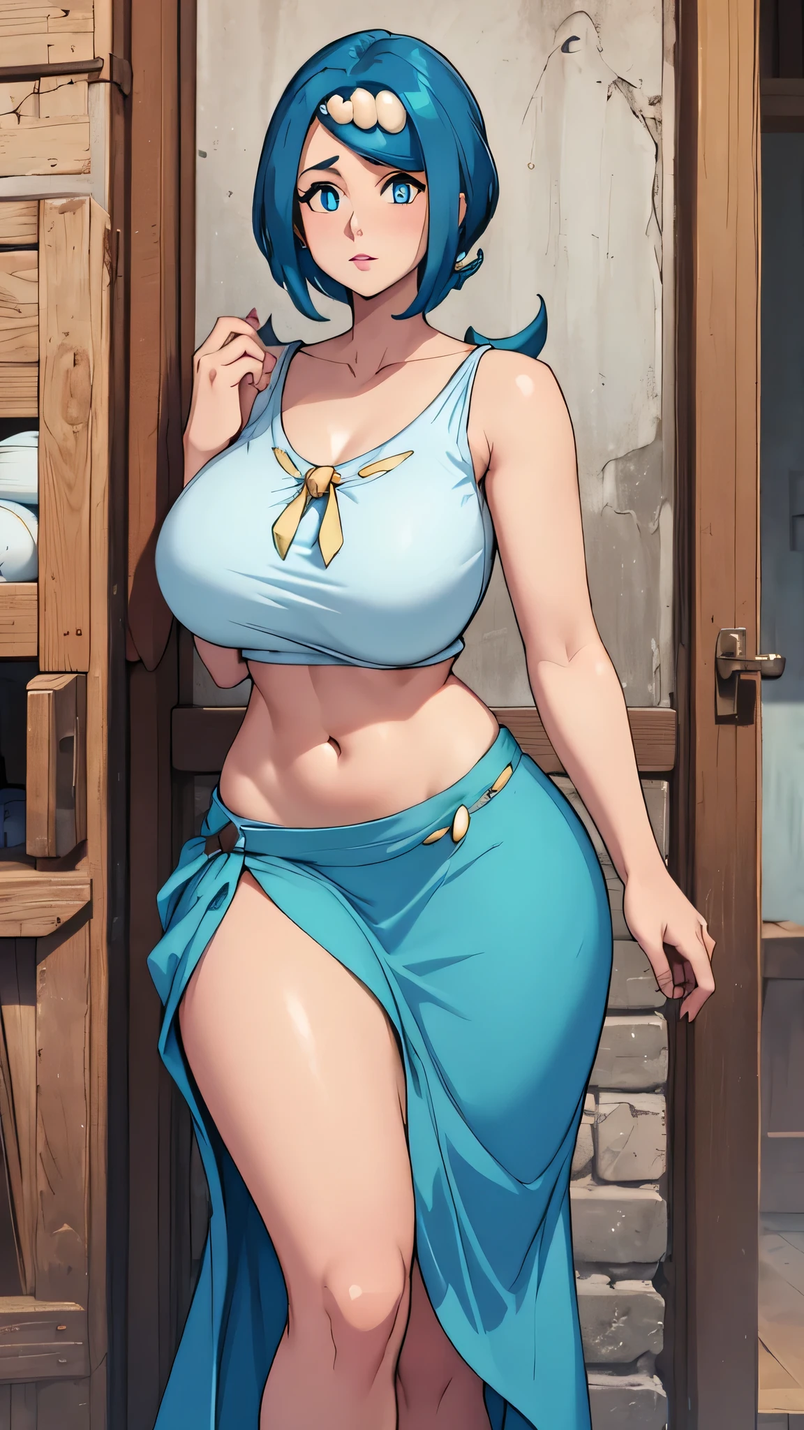 A sexy girl, beautiful beauty, light blue hair, her big round blue eye, light pink lip, she wears a white sleeveless shirt, shows her navel, and a long blue skirt with a long heel, black hair, wearing a pussy. 