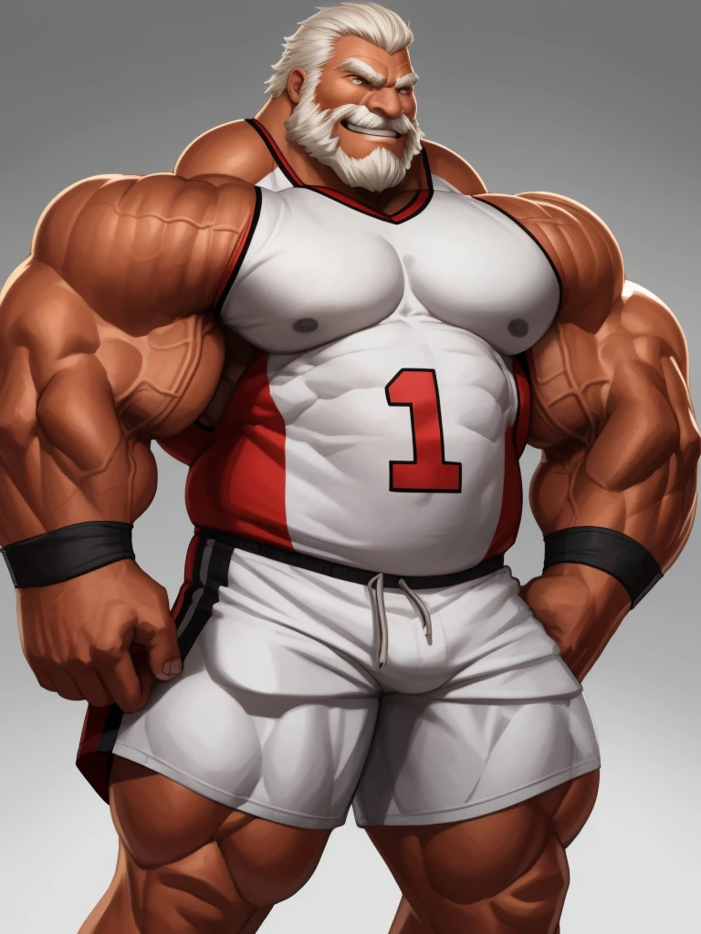 solo, 1boy, perfect anatomy, perfect proportion, smile, grinning, happy. Huge Muscular Old man wearing football jersey ,(white shorts), view from side, pectoral, thick arms, huge pectoral, wide pectoral, short white hair, red beard and hair, simple background, masterpiece, semirealistic:1.2, high detailed, 8k, high resolution, perfect center, full view. ((really big muscle, massive muscular, sixpack, thick arms, wide pectoral, super huge muscle, hyper muscular, over sized muscle, huge arms, big arms, huge pectoral))