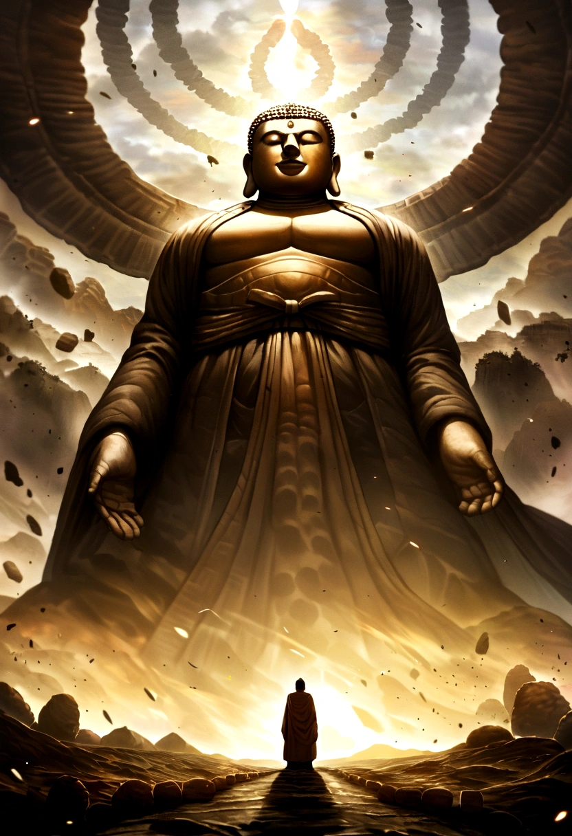 A huge Buddha statue seen in the distance, stone, texture, expensive, Majestic, The background is illuminated by sunlight.，cloud, Inverted Image，side，Pilgrims&#39; Path,Muscle々