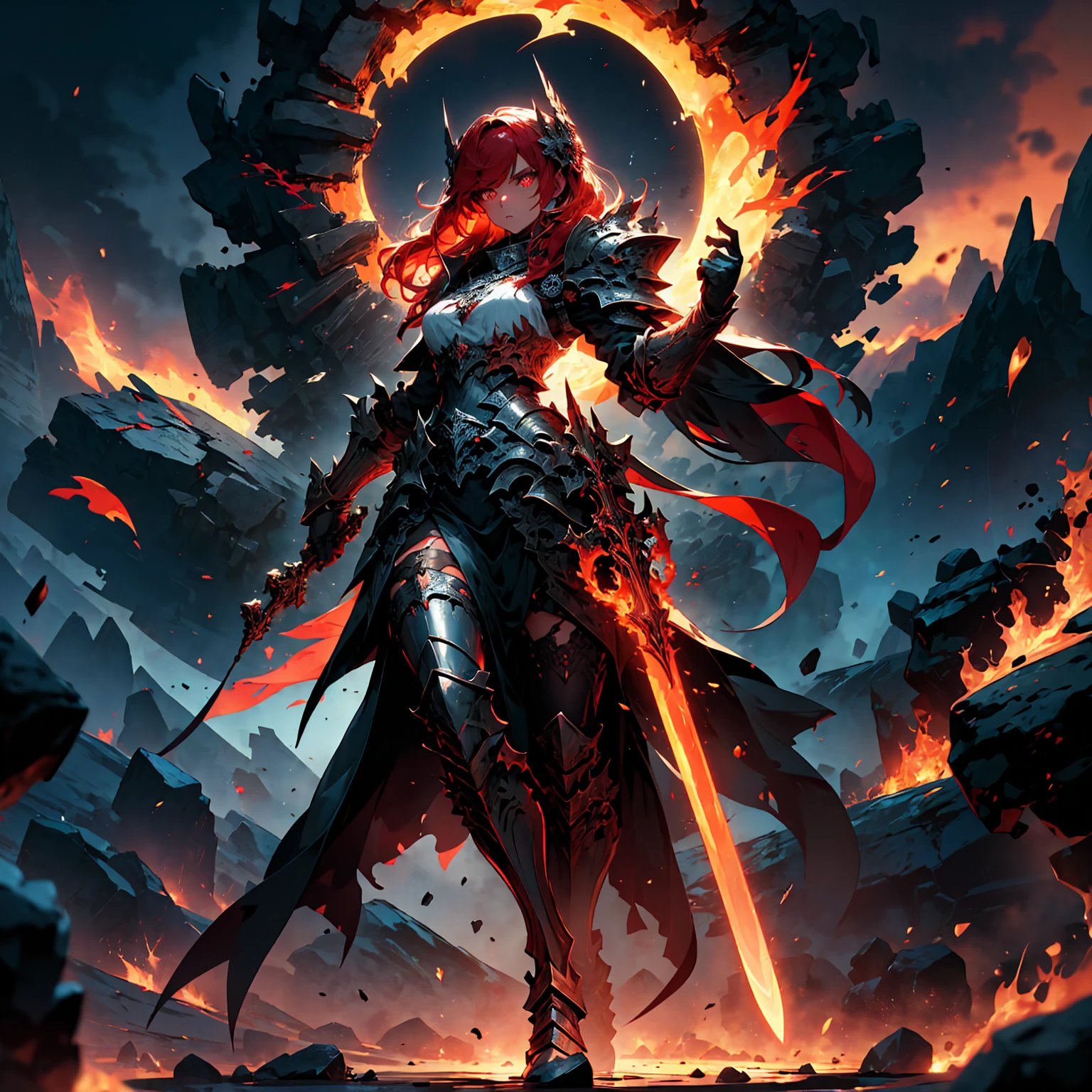 ((full body shot)) of a girl in regal, fire-themed armor with intricate gold and red details, standing in a blazing, volcanic landscape. She has long, flowing fiery red hair and intense, glowing amber eyes. Her skin has a warm, sun-kissed hue, and she is adorned with molten lava-like patterns. She holds a majestic sword engulfed in roaring flames, casting a bright, fiery light. The atmosphere is {intense|majestic}, with lava flows and embers illuminating the scene. The ground beneath her is cracked, molten earth, reflecting the intense light and adding to the fiery ambiance. Surrounding her are jagged rocks and bursts of flame in shades of {red|orange}, casting a fierce, incandescent glow. The background features towering volcanic peaks and a sky filled with ash and smoke, hinting at a powerful, fiery kingdom. The scene is dynamic and awe-inspiring, with her face showing a determined yet regal expression, her eyes focused intently on her blazing domain.

[Best quality], [Masterpiece], [Ultra-detailed], [4k], {intense|majestic} atmosphere, fiery kingdom, {dynamic pose|regal pose}, blazing illumination, {soft shadows|dramatic lighting}, {reflected light on molten earth:0.7}, {jagged rocks:0.6}, {bursts of flame:0.5}, {volcanic peaks:0.4}, {ash-filled sky:0.3}.