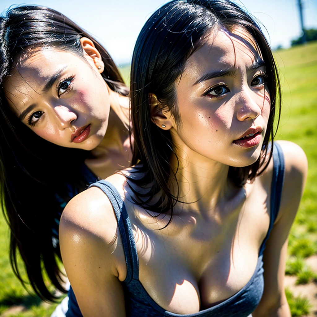 (best quality, 8K, 32k, masterpiece, Ultra high quality:1.2),twin,female,韩国漂亮female人的照片,short black hair,beautiful face,(lean forward:1.3),Squat,(from above:1.2),(close up:1.4),leave,Loose T-shirt,Large Breasts,(Beautiful nipples slipping:0.9),outdoor,windy,shiny skin,Blurred background,