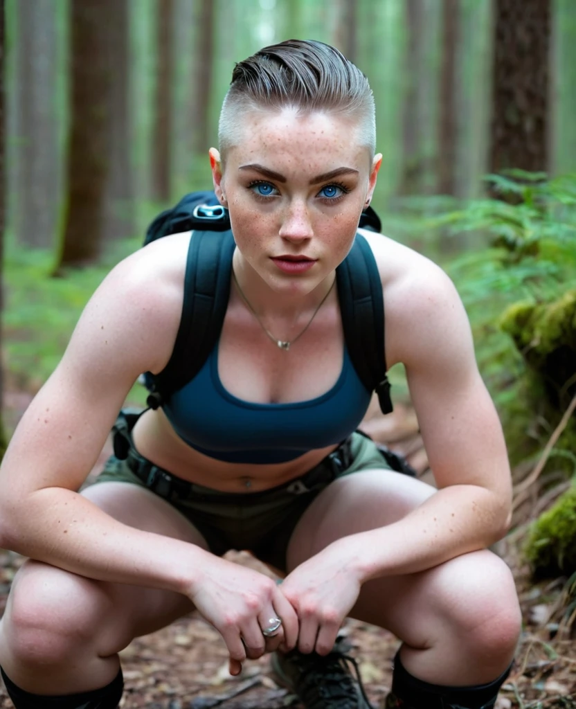 Muscular college girl with large breast and a large butt, blue eyes, pale skin, freckles and a nose piercing with a short slicked back men’s haircut with both sides of her head shaved wearing hiking gear while squatting in the woods