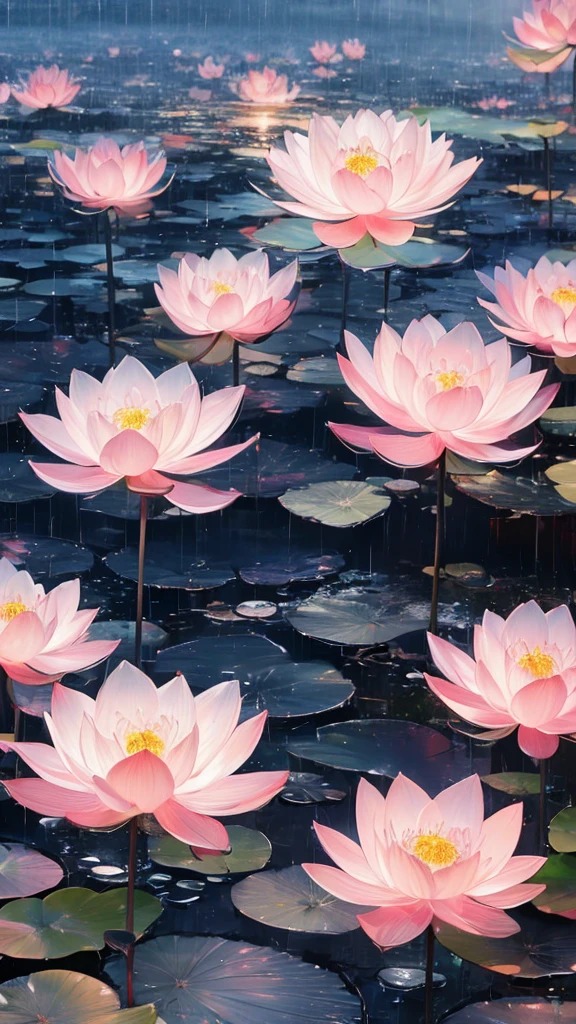 night, Only moonlight illuminates, new moon, Mountains in the distance, Beautiful big lotus nearby, Big red lotus, There is running water next to it, frog, Summer is full of joy, new moon in the sky mixed with stars, Amazing wallpapers, rainy night, rainy night, Beautiful and beautiful, , High Detail ((Heavy rain))), 8K