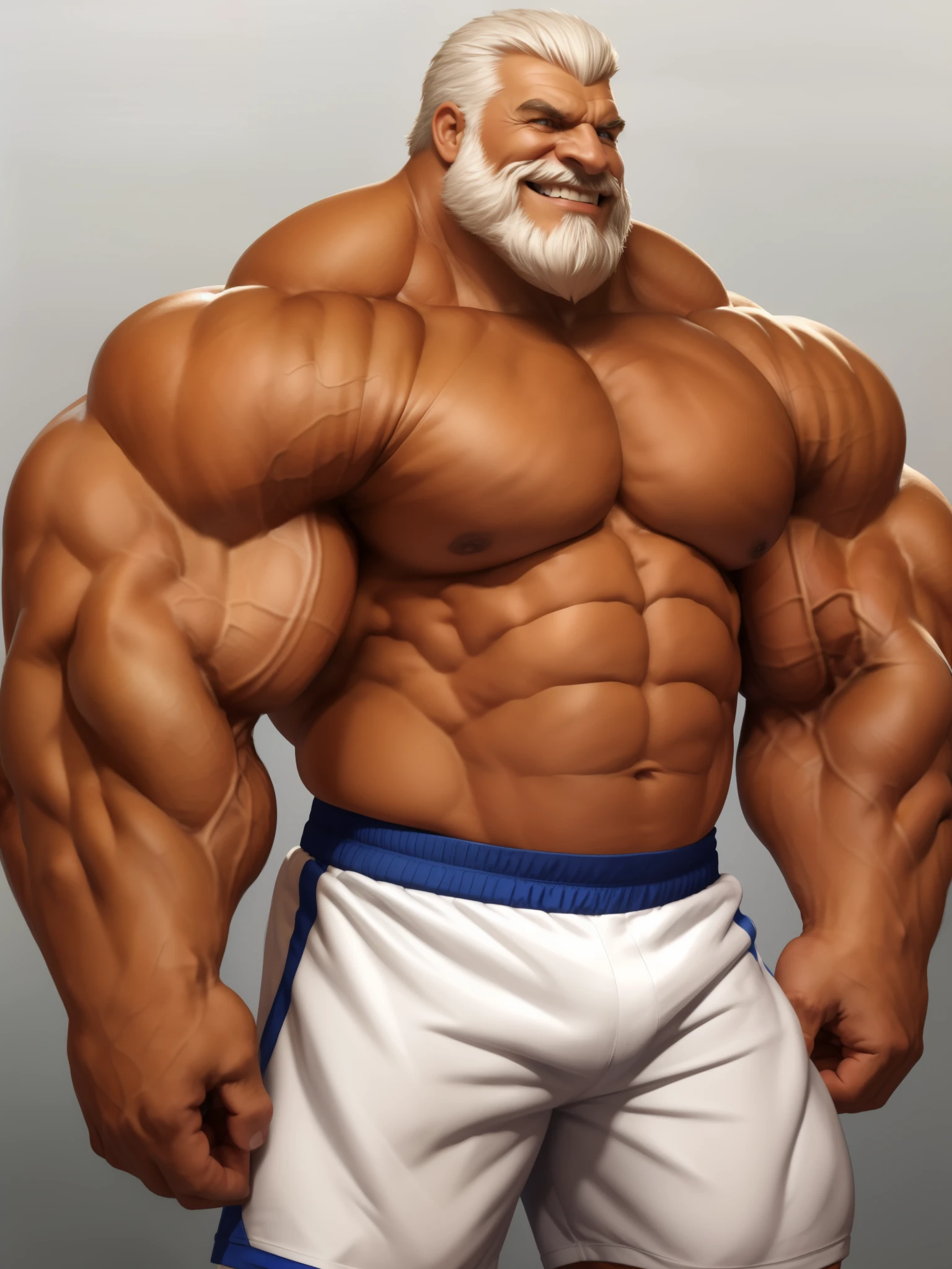 solo, 1boy, perfect anatomy, perfect proportion, smile, grinning, happy. Huge Muscular Old man wearing basketball jersey ,(white shorts), view from side, pectoral, thick arms, huge pectoral, wide pectoral, short white hair, red beard and hair, simple background, masterpiece, semirealistic:1.2, high detailed, 8k, high resolution, perfect center, full view. ((really big muscle, massive muscular, sixpack, thick arms, wide pectoral, super huge muscle, hyper muscular, over sized muscle, huge arms, big arms, huge pectoral))