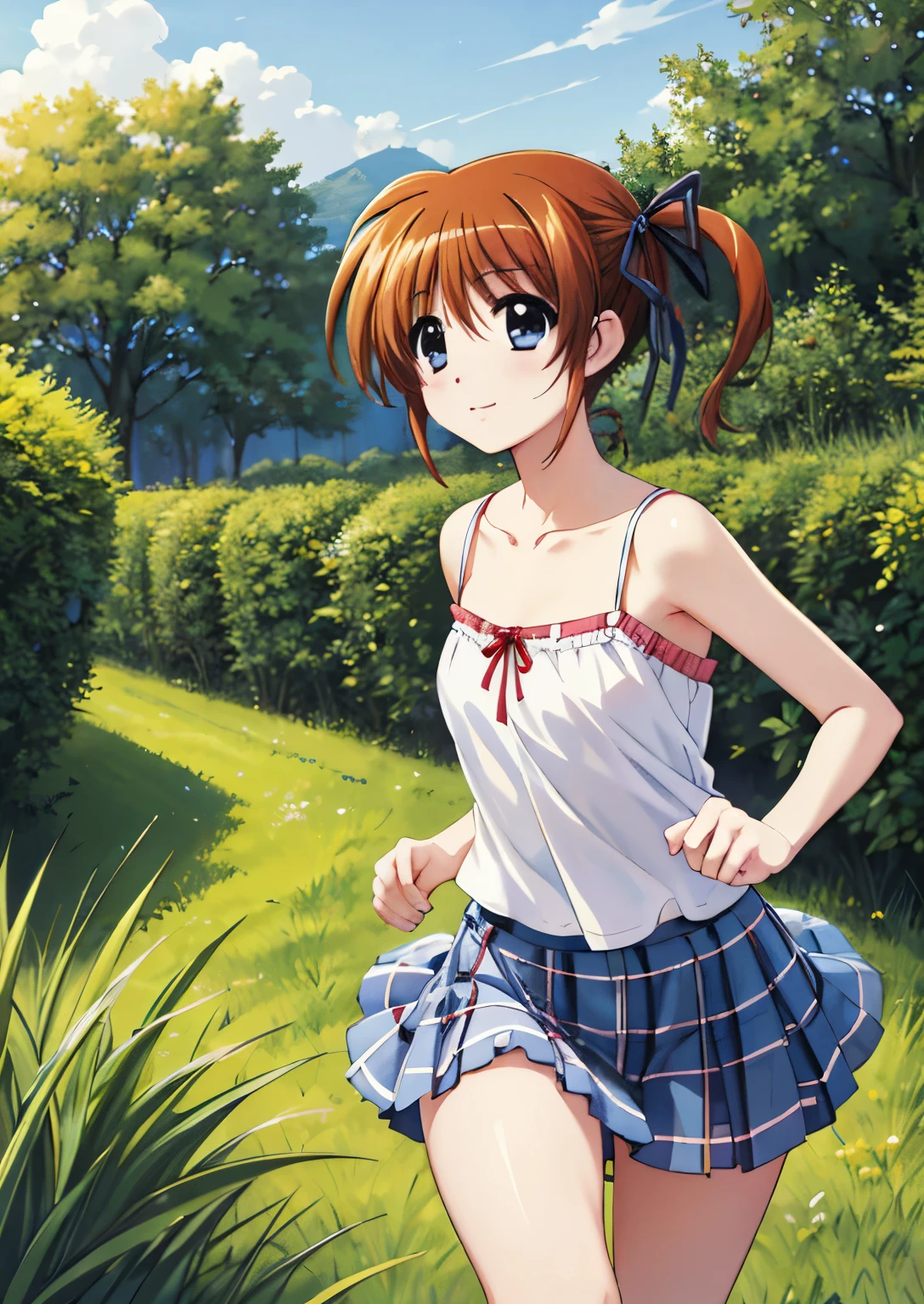 Nanoha,1 Girl, 高町Nanoha, (running:1.3),Medium Hair, bangs, Closed Mouth、Hair between the eyes,Wavy Hair、 Looking at the audience, whole body, Front view:0.6, (Beautiful views), garden,White clothing、 camisole, 白のcamisole , Grey plaid pleated skirt,(Flowing Grass:1.3),(Genuine、Realistic、Realistic:1.30)、High resolution、超High resolution、Ultra-fine painting、Sharp focus、Physically Based Rendering、Cowboy Shot