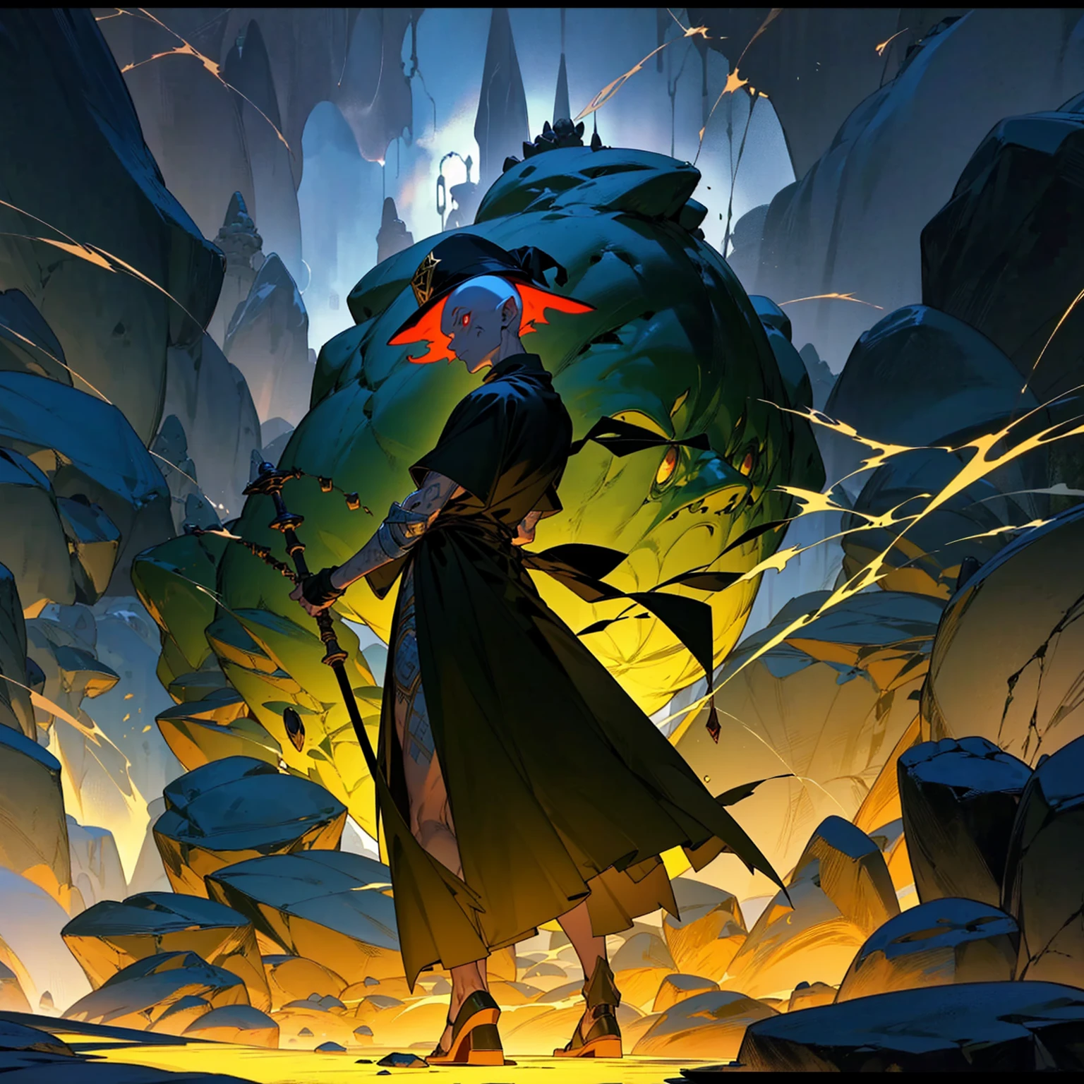 1Goblin mixed with wizard, full body version, Red eyes, green skin, (His hair is bald), wearing a blue hat, black robe, there is a shield behind his back, (in his hand is a beaker glass of smoking chemical concoction), (Grassroots background, Explosions, rock pebbles, silhouette light, afternoon, afternoon silhouette light, Grassroots lighting)