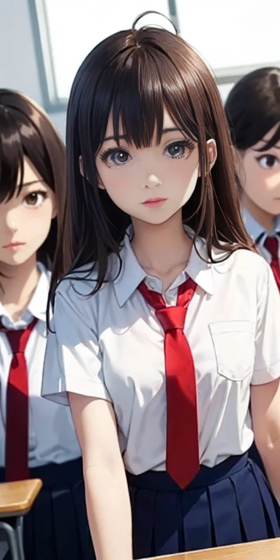 Perfect anime illustration, 100 Girls, all girls are sisters, The sisters are close together, Sisters in the background, Matching hairstyles, Brown Hair, Curly Hair, Matching hairstyle, ),((Red tie:1.5)),((High School Uniform:1.2, White shirt, Short sleeve shirt、Navy Blue Skirt)), ((In a school classroom)), High resolution, whole body