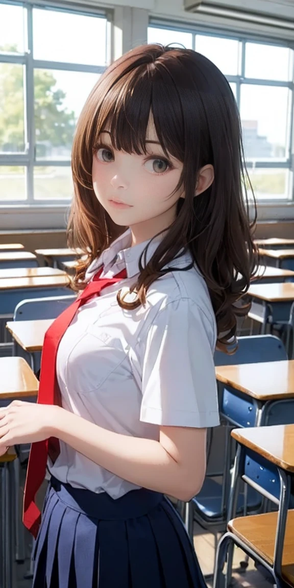 Perfect anime illustration, 100 Girls, all girls are sisters, The sisters are close together, Sisters in the background, Matching hairstyles, Brown Hair, Curly Hair, Matching hairstyle, ),((Red tie:1.5)),((High School Uniform:1.2, White shirt, Short sleeve shirt、Navy Blue Skirt)), ((In a school classroom)), High resolution, whole body