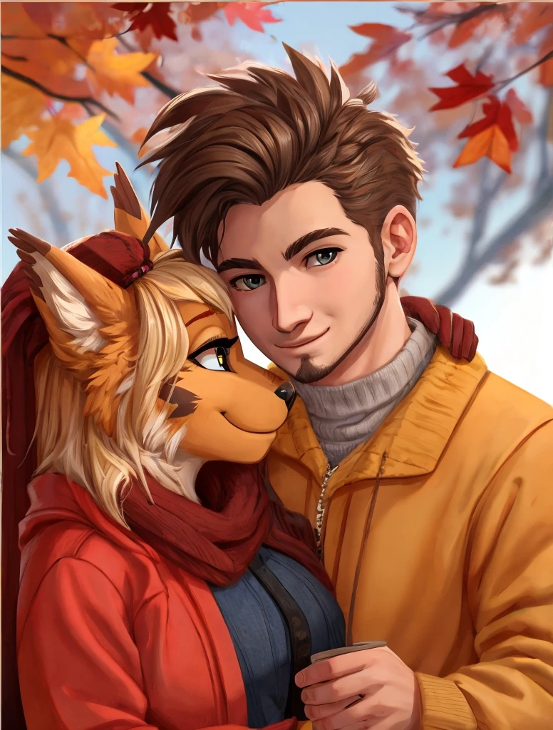 Fix female, griffin type furry, girlfriend on a date, posing with date, human boyfriend, happy couple, cozy autumn vibes