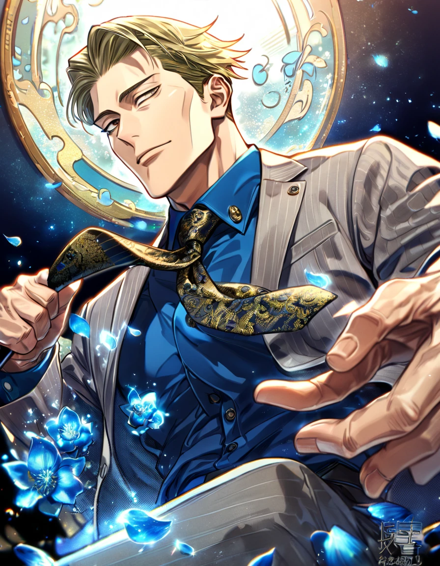 Ultra detailed, highres, absurdres, HDR, master piece, Nanami Kento, blond hair, expressive brown eyes, Jujutsu Kaisen, blue petals, blue shirt, sexy man, solo, best quality, blue flowers, blue shining fireflies, fantasy, magical, handsome, blue moon, gray jacket, necktie with black patterns, grey pants