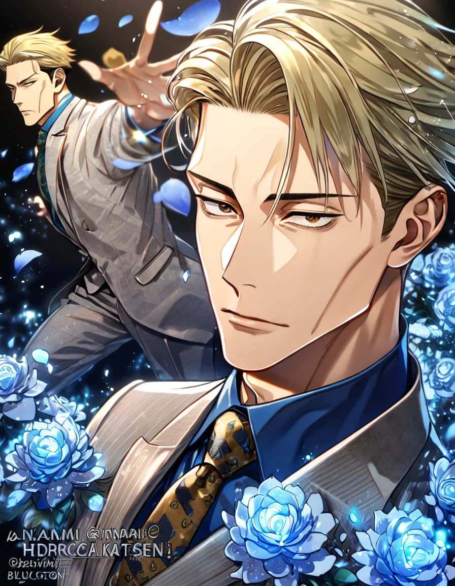 Ultra detailed, highres, absurdres, HDR, master piece, Nanami Kento, blond hair, expressive brown eyes, Jujutsu Kaisen, blue petals, blue shirt, sexy man, solo, best quality, blue flowers, blue shining fireflies, fantasy, magical, handsome, blue moon, gray jacket, necktie with black patterns, grey pants