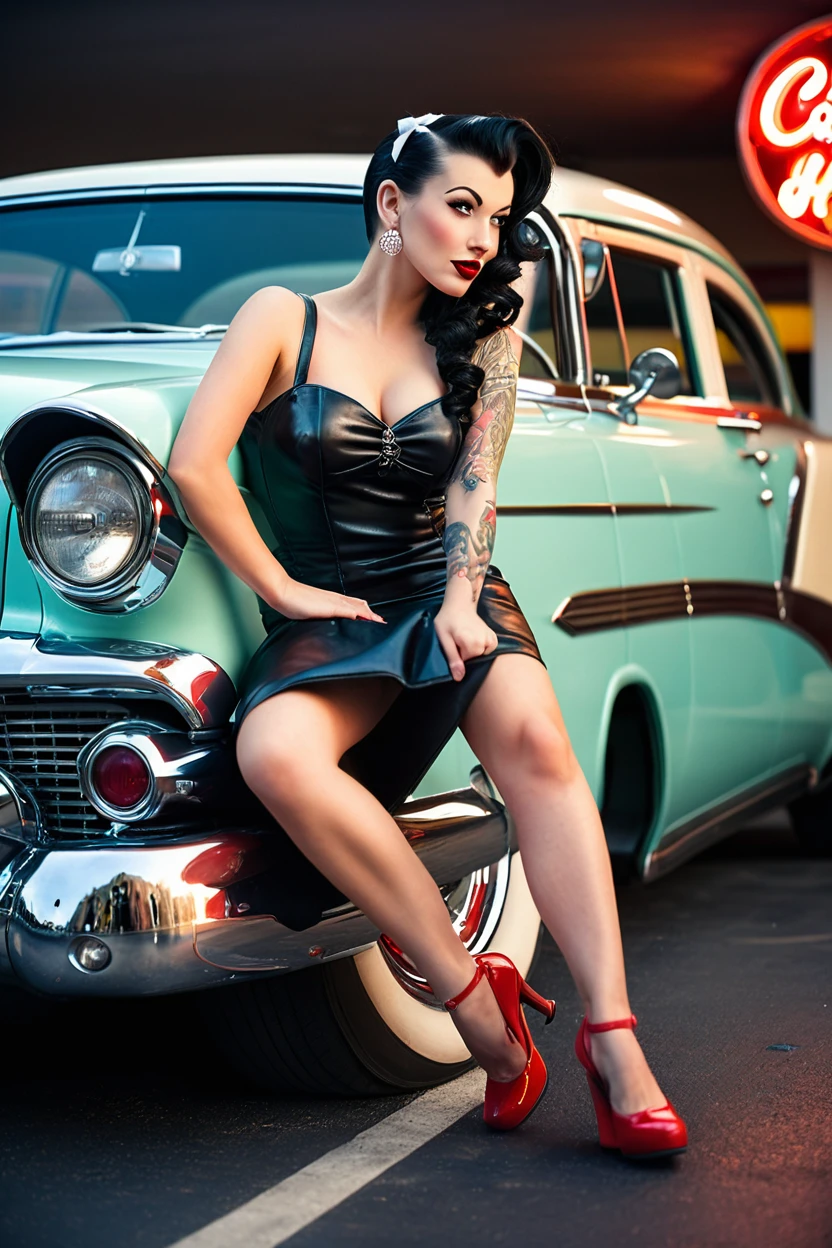 a hyper-realistic photograph of a beautiful rockabilly pin-up model leaning against a hot rod car in the parking lot of a 50s-style diner, with an interesting camera angle and perspective, volumetric lighting, Depth of field, professional photo session, cinematic lighting. details Intricate, lifelike textures, dynamic pose