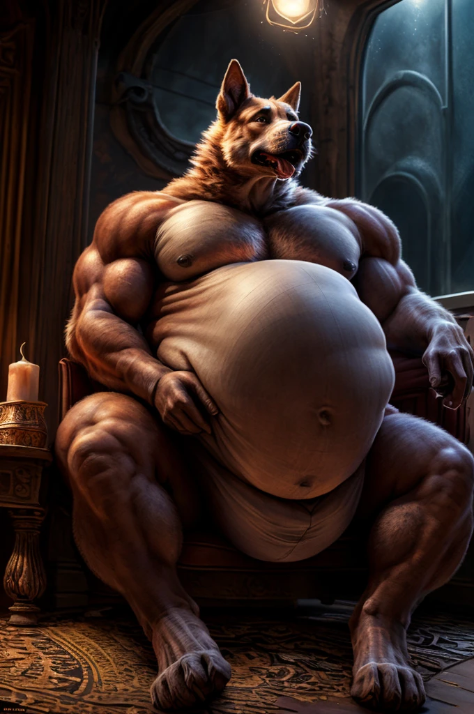 a solo muscular male canine sitting with legs spread, stomach massively distended from having swallowed prey whole, loud belch, gargantuan bulging gut, hyper endowment bulge, hyper realistic, cinematic lighting, highly detailed, (best quality,4k,8k,highres,masterpiece:1.2),ultra-detailed,(realistic,photorealistic,photo-realistic:1.37)