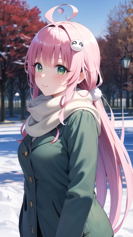 masterpiece, best quality, highres, aalala, long hair, ahoge, hair ornament, green eyes, breasts, winter clothes, scarf, park, outdoors