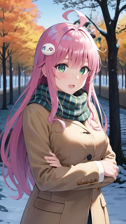 masterpiece, best quality, highres, aalala, long hair, ahoge, hair ornament, green eyes, breasts, winter clothes, scarf, park, outdoors