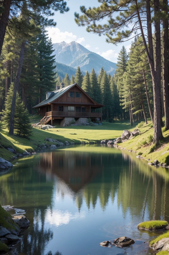 Create a realistic 3d image of a cabin in the woods with a lake