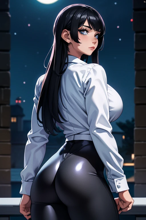 A girl, long black hair, Blue eyes, wearing a long sleeve white button up shirt, big breasts, perfect ass, shiny black tight leggings, alley, evening, dark, Moonlight, absurd, high resolution, ultra-sharp, 8k, Masterpiece, view from behind, looking at the viewer