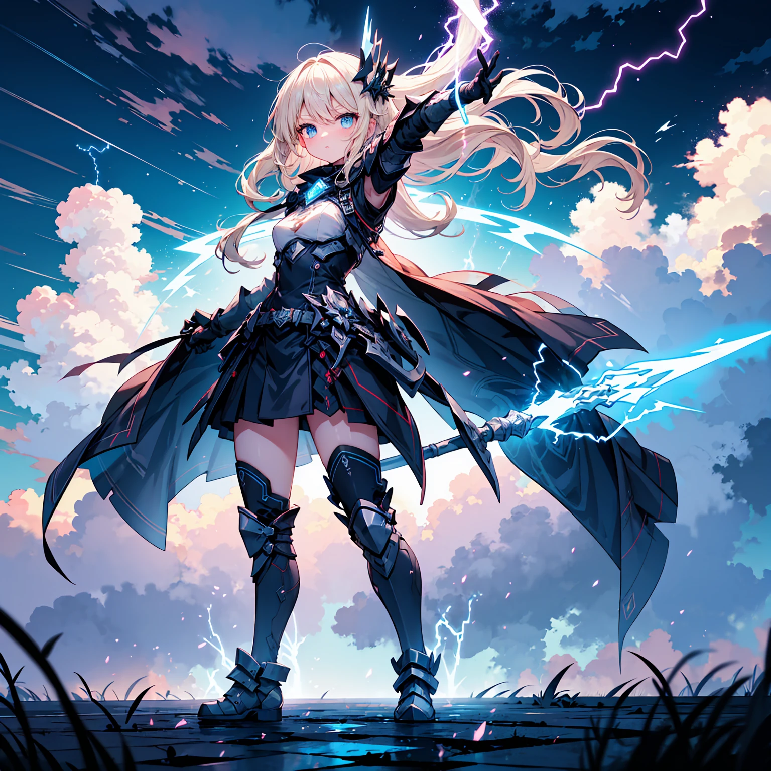 ((full body shot)) of a girl in electrifying, futuristic armor with sleek silver and blue accents, standing in a stormy, electrified sky. She has short, spiky platinum blonde hair and piercing, electric blue eyes. Her skin has a faint, radiant glow, and she is adorned with intricate lightning bolt motifs. She holds a magnificent staff crackling with arcs of lightning, emitting a powerful, electric aura. The atmosphere is {charged|awe-inspiring}, with thunderclouds and bolts of lightning illuminating the scene. The ground beneath her is charged with static electricity, creating a shimmering effect and adding to the electrifying ambiance. Surrounding her are swirling storm clouds and bursts of lightning in shades of {blue|white}, casting a dynamic, electrical glow. The background features towering, swirling storm formations and glimpses of a distant, lightning-lit castle, hinting at a kingdom ruled by thunder and lightning. The scene is intense and majestic, with her face showing a confident yet serene expression, her eyes focused intently on harnessing her power.

[Best quality], [Masterpiece], [Ultra-detailed], [4k], {charged|awe-inspiring} atmosphere, stormy sky, {dynamic pose|commanding pose}, electrified illumination, {soft shadows|dramatic lighting}, {charged ground:0.7}, {swirling storm clouds:0.6}, {bursts of lightning:0.5}, {storm formations:0.4}, {lightning-lit castle:0.3}.