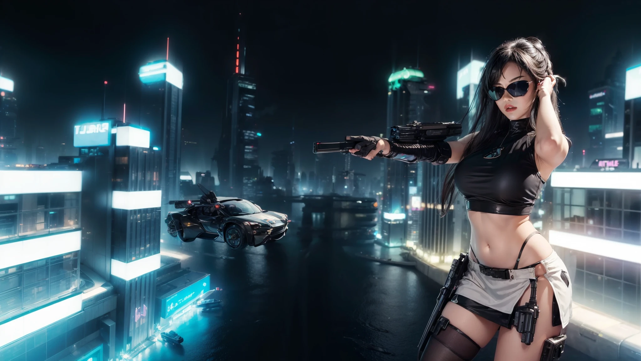 (((aerial view))) of futuristic city, hologram neon buildings, (((futuristic flying cars))) and futuristic cars, Surreal cyberpunk city, in a Future cyberpunk city, 3d rendering Beeple, at night. large-breast photorealistic sexy woman, breast cleavage, tank top, miniskirt, (((((black sunglasses, pistol shooting pose))))), standing, leaning forward, (((((half-body thigh level medium shot))))).