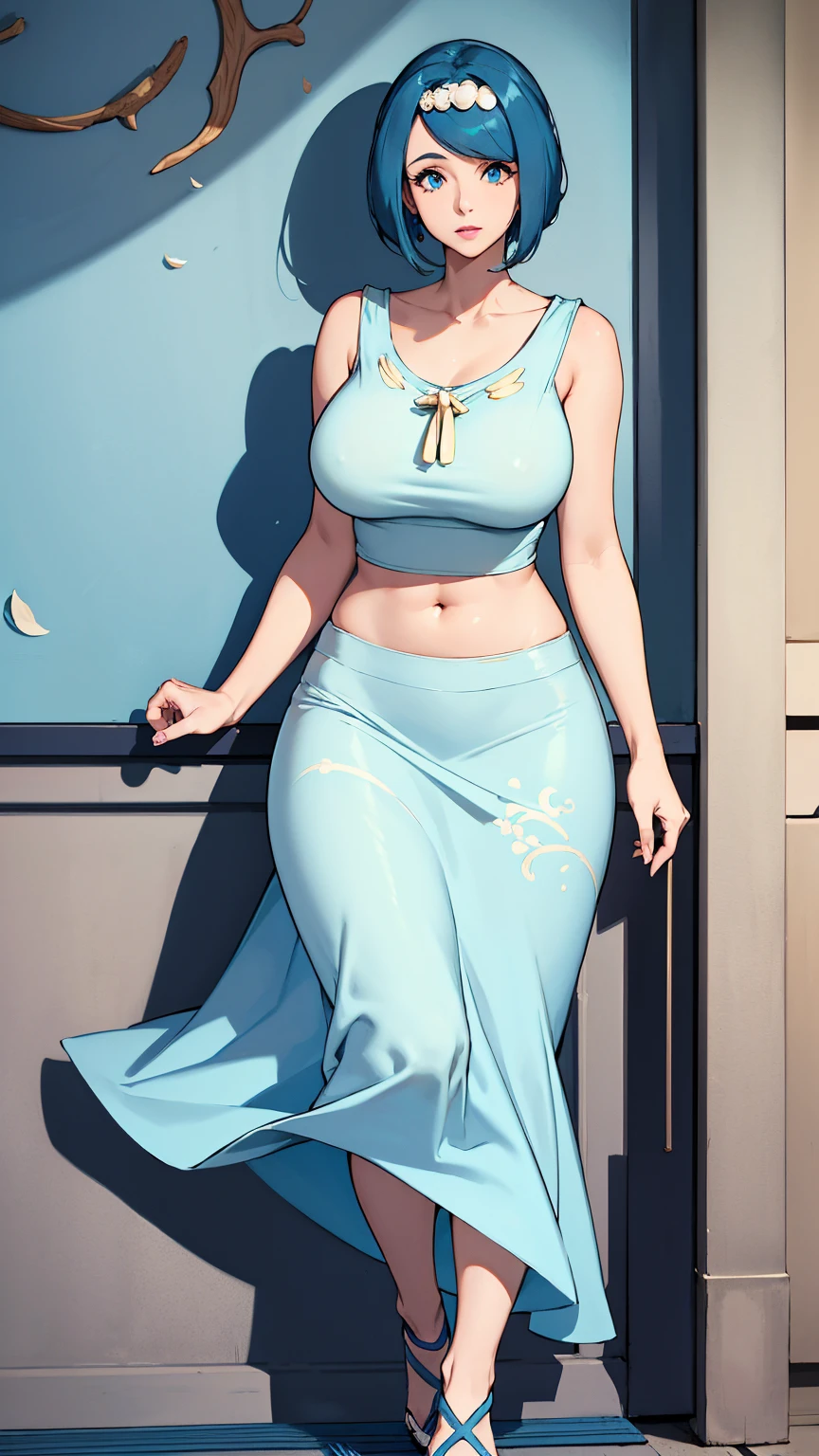 A sexy girl, beautiful beauty, light blue hair, her big round blue eye, light pink lip, she wears a white sleeveless shirt, shows her navel, and a long blue skirt with a long heel, black hair, wearing a pussy. 