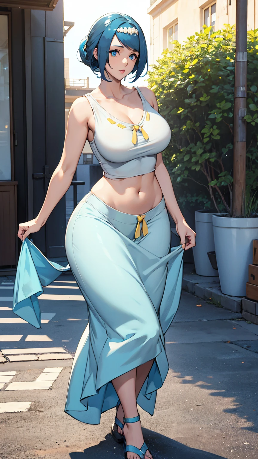 A sexy girl, beautiful beauty, light blue hair, her big round blue eye, light pink lip, she wears a white sleeveless shirt, shows her navel, and a long blue skirt with a long heel, black hair, wearing a pussy. 