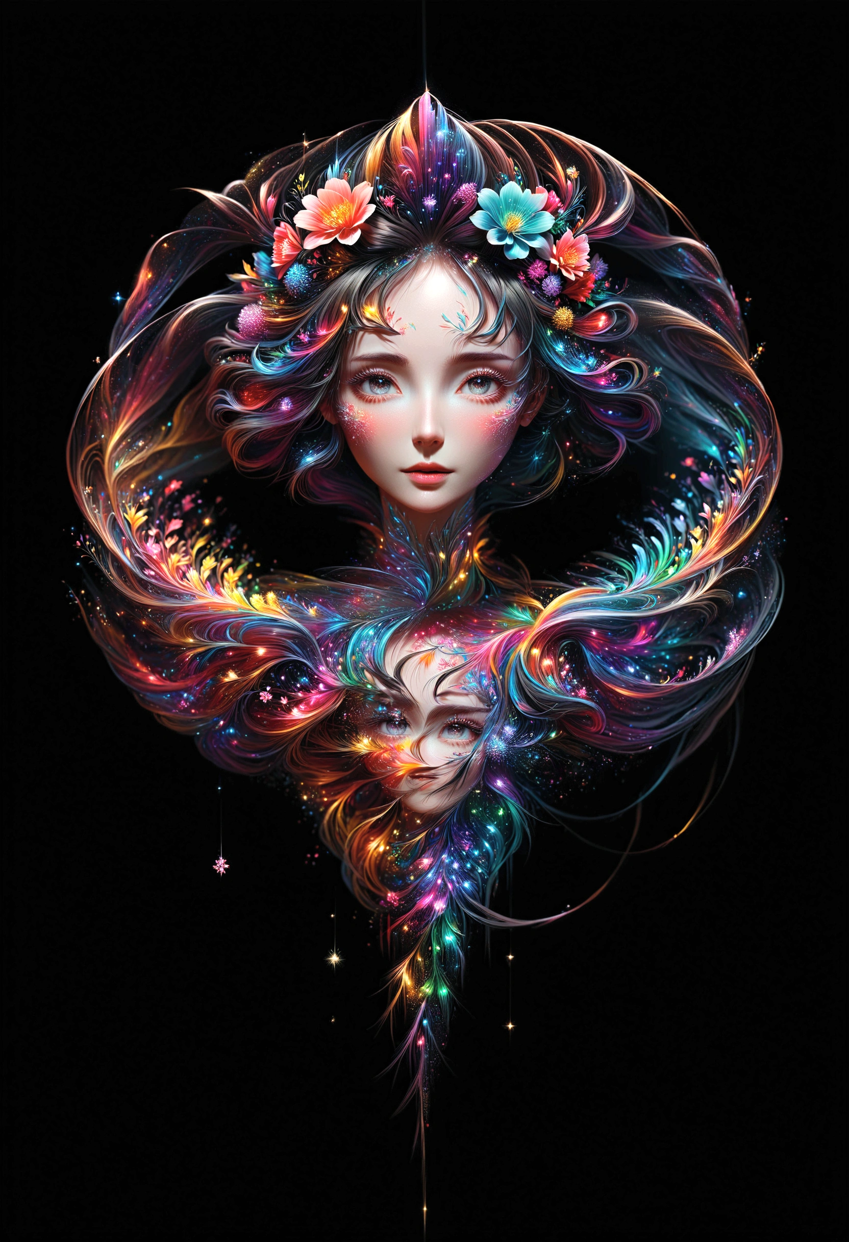 painting of a woman with a flower crown and a black background, beautiful art uhd 4 k, colorfull digital fantasy art, a beautiful artwork illustration, 4k highly detailed digital art, stunning digital illustration, exquisite digital illustration, beautiful fantasy art portrait, 8k stunning artwork, digital art fantasy, beeple and jeremiah ketner, beautiful fantasy portrait, beautiful digital artwork