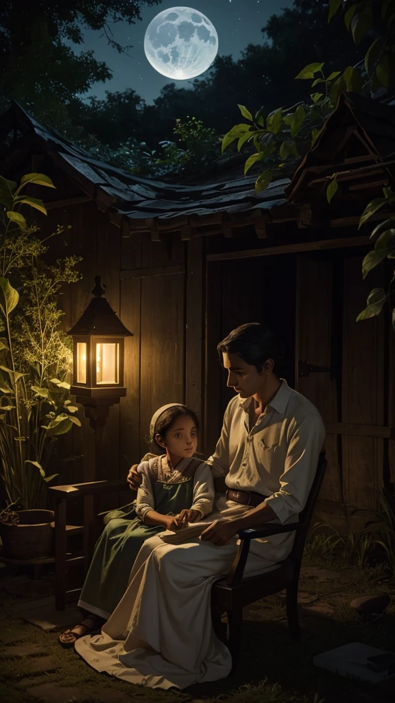 Introduction to the LegendA night scene, the sound of crickets echoing softly. The camera moves slowly through a peaceful, moonlit backyard. A soft voice narrates the legend of Velho do Saco, as the camera focuses on an old photograph of a grandmother and her grandson, conveying a feeling of comfort and innocence.