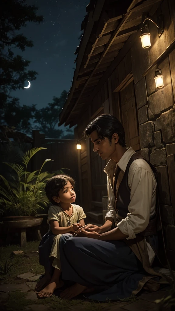 Introduction to the LegendA night scene, the sound of crickets echoing softly. The camera moves slowly through a peaceful, moonlit backyard. A soft voice narrates the legend of Velho do Saco, as the camera focuses on an old photograph of a grandmother and her grandson, conveying a feeling of comfort and innocence.